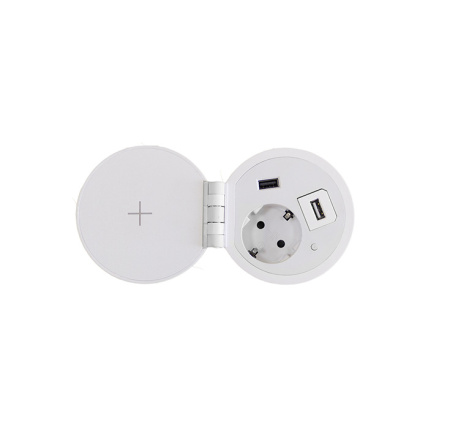 Встраиваемая, 1хEURO+2хUSB А+беспр.зарядка Qi, Ø60мм, откидн. крышка, пластик, белый, G51