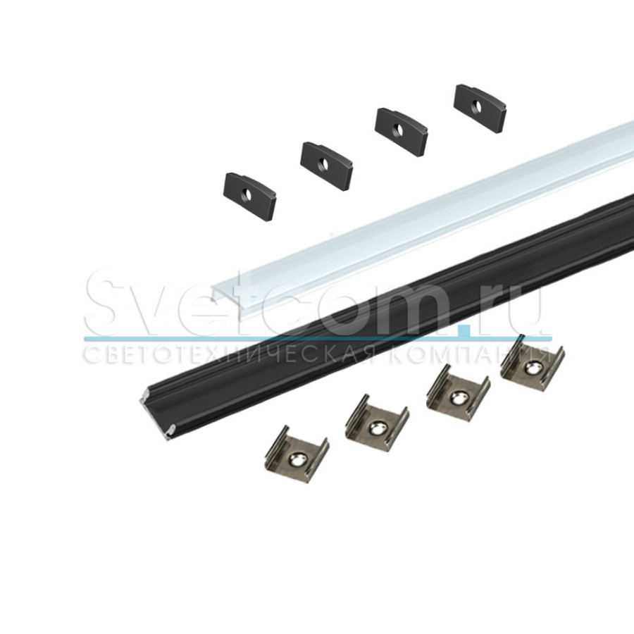 Профиль накладной 17х7х3000мм, лента ≤10мм, черный (диффузор молочный белый, 6 заглушек),1707W-03