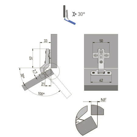 GTV Петля 30*, с планкой 2мм, БЕЗ доводчика, БЕЗ еврошурупа, 45мм