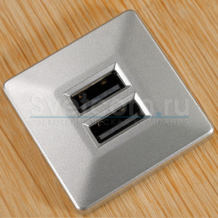 Встраиваемая 2хUSB-A, 5В/2.1А (1х2.1А/2х1.05А), вход 12В, квадрат 37х37, серебро, IP20, GLS
