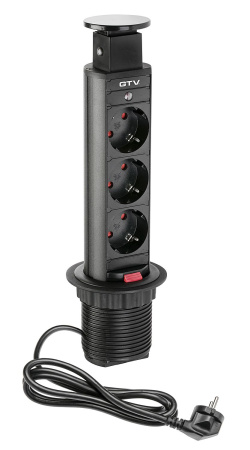 Вертикальная, 3хEURO, Ø 60мм, ручное, пластик, черный, усовое заземл., шнур 1,5м, GTV