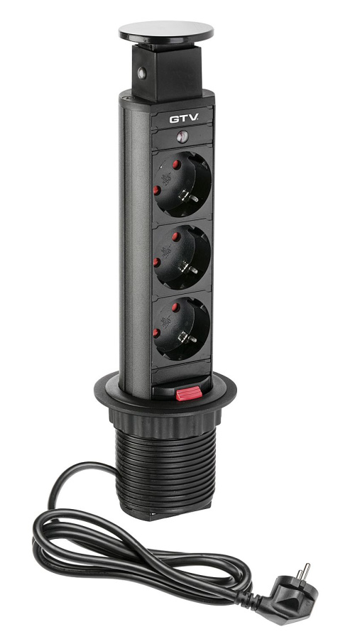 Вертикальная, 3хEURO, Ø 60мм, ручное, пластик, черный, усовое заземл., шнур 1,5м, GTV
