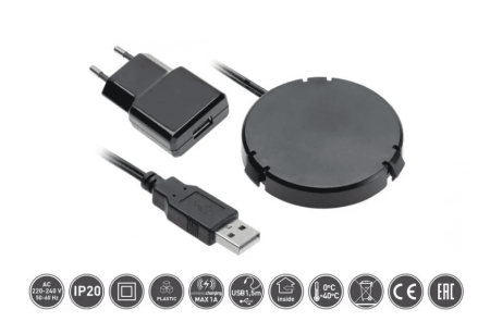 Встраиваемая беспроводная Qi, 5В/2.1А/0,5Вт, вход USB+зарядное, Ø60мм, черный, под столешницу, GTV