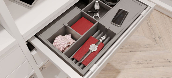 Корзина с органайзером в шкаф на 600мм, 485х560х85мм, полное выдвижение, с доводчиком, белая