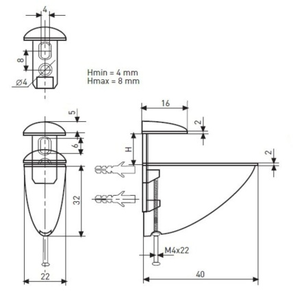 Полкодержатель 304 для ДСП, стекла и пластика, h=8мм, 8кг на пару, металл, золото, JET
