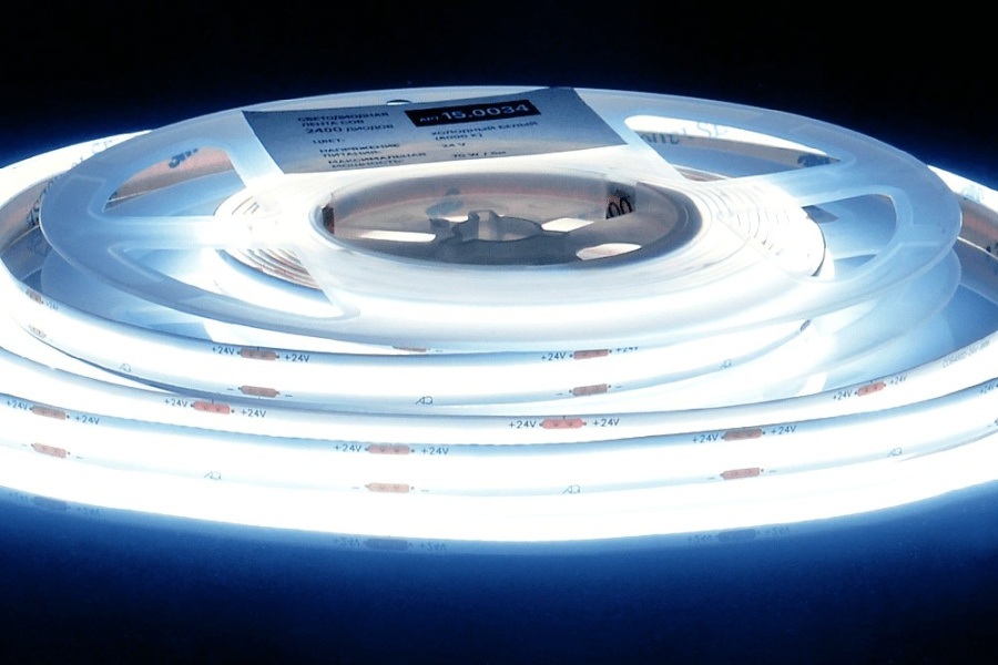 Лента  8х5000мм, COB, 24В, холодный, 14.0 Вт/м, 480 диодов/м, 1 300 Лм/м, IP20, AQ