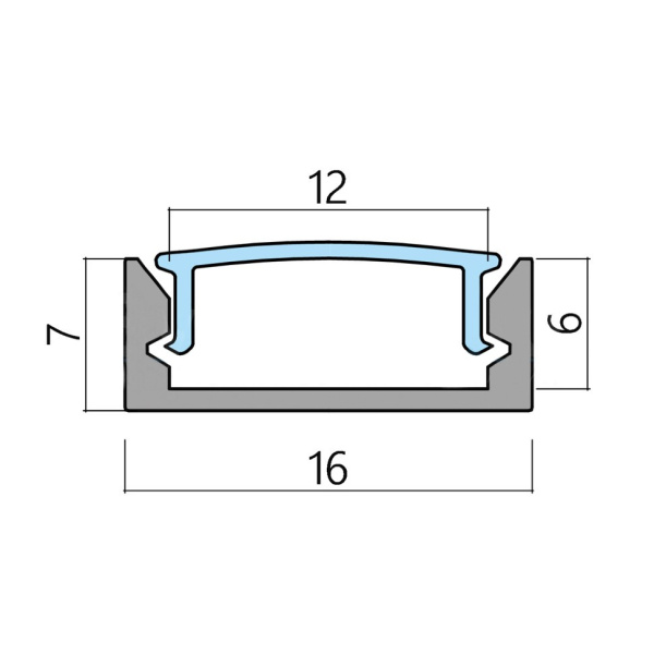 Профиль накладной 16х7х2000мм, лента ≤10мм, алюминий (диффузор, заглушки, крепеж), 1607L