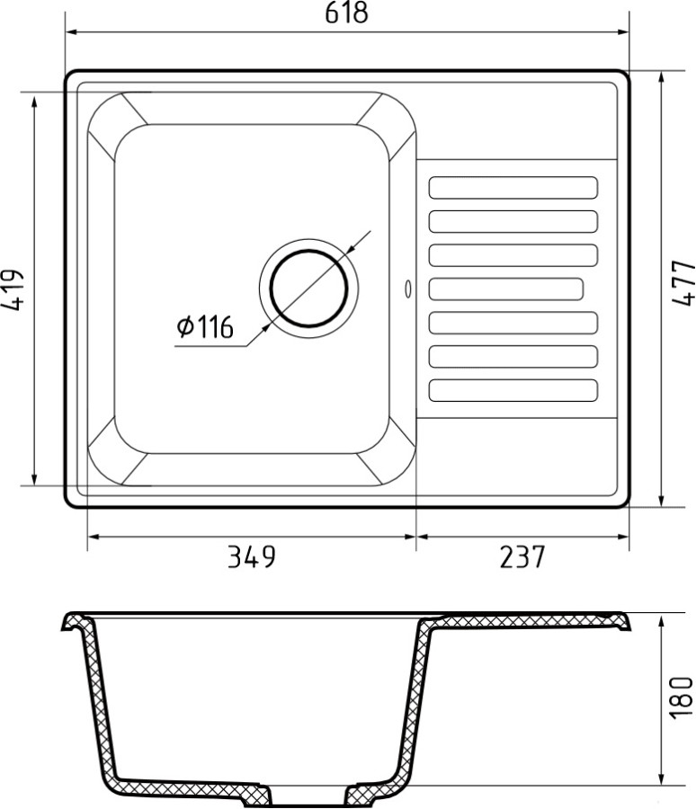 Мойка ЭкоМ 6248, 620х480мм, кварц, песочный (без сифона)
