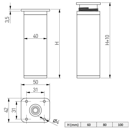 Опора регулируемая, 40х40мм, h= 80мм, алюминий/пластик, белый, GTV