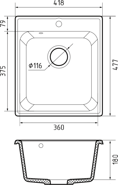 Мойка GranFest QUARZ 17, 418х477 мм, темно-серый (квадратная, без сифона)