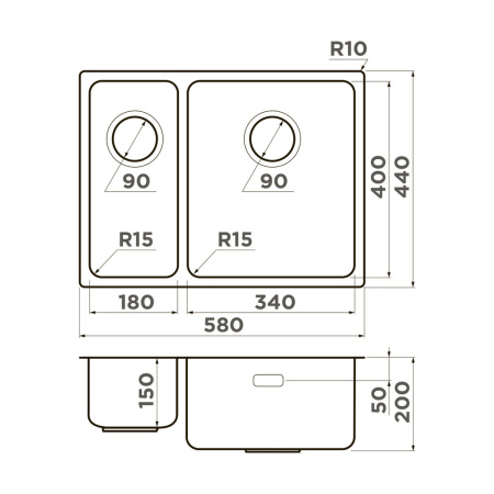 Мойка Tadzava 58-2-U/I-IN-L ULTRA 15, нержавеющая сталь, нержавеющая сталь