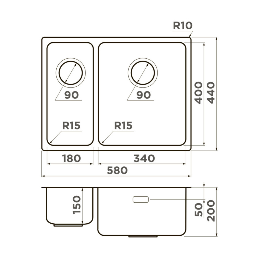Мойка Tadzava 58-2-U/I Ultra 15-IN-L, нержавеющая сталь, нержавеющая сталь