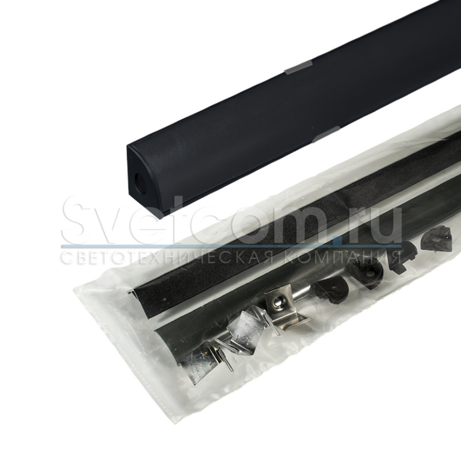 Профиль накладной угловой 16х16х2000мм, треугольный, лента ≤10мм, черный (диффуз.черн.+загл.+клипсы)