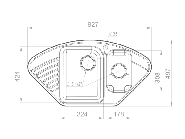 Мойка GranFest QUARZ 14, 927х497 мм, белый (угловая, 1,5 чаши, без сифона)