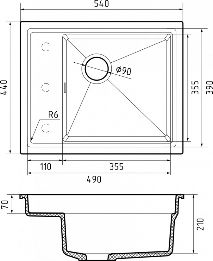 Мойка Rivelato NOBILE 544-L, 540х440х210мм, антрацит