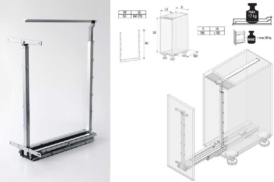 Выдвижная система Диспенса Джуниор Слим в базу 200мм, h=640-728 мм, хром, Kessebohmer
