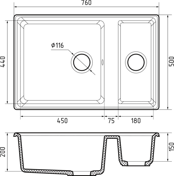 Мойка GranFest LEVEL 760K, 760х500 мм, кашемир
