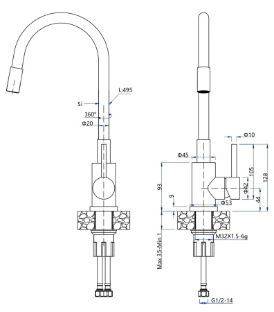 Смеситель GranFest Quarz 5433, с гибким изливом, нерж. сталь/черный гибкий шланг