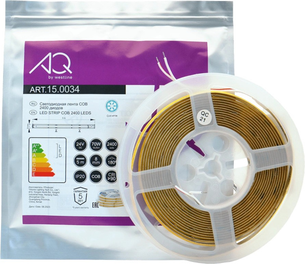 Лента  8х5000мм, COB, 24В, холодный, 14.0 Вт/м, 480 диодов/м, 1 300 Лм/м, IP20, AQ