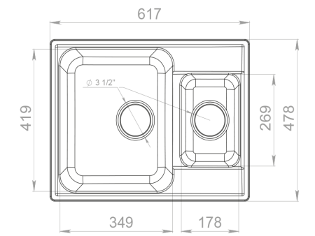 Мойка GranFest QUARZ 09, 617х480 мм, белый (прямоугольная, 1,5 чаши, без сифона)