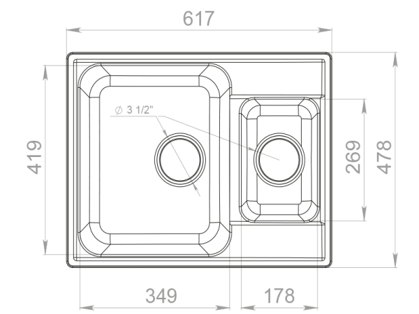 Мойка GranFest QUARZ 09, 617х480 мм, белый (прямоугольная, 1,5 чаши, без сифона)