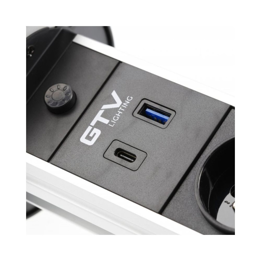 Вертикальная, 2хEURO+2хUSB A+C+беспроводная зарядка 10Вт+светильник, Ø 80мм, ручное, пластик, черный, GTV