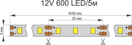 Лента  5х5000мм, SMD 2835, 12В, холодный,  9.6 Вт/м, 120 диодов/м, 1 050 Лм/м, IP20, AQ