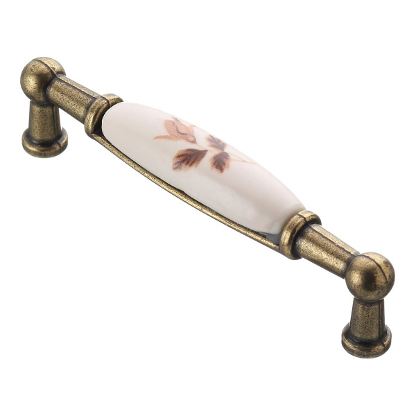 Ручка-скоба, UP-WP0728-BB, 96мм, металл/керамика, старое золото/бежевый с орнаментом (коричневый)