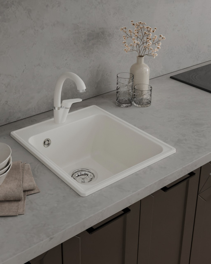 Мойка ЭкоМ 4248, 420х480мм, кварц, белый (без сифона)