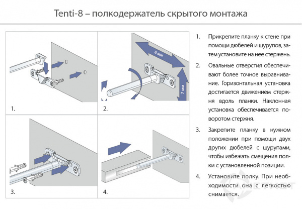 Полкодержатель скрытый d=12мм, L=100мм, 20кг на пару, TENTI-8