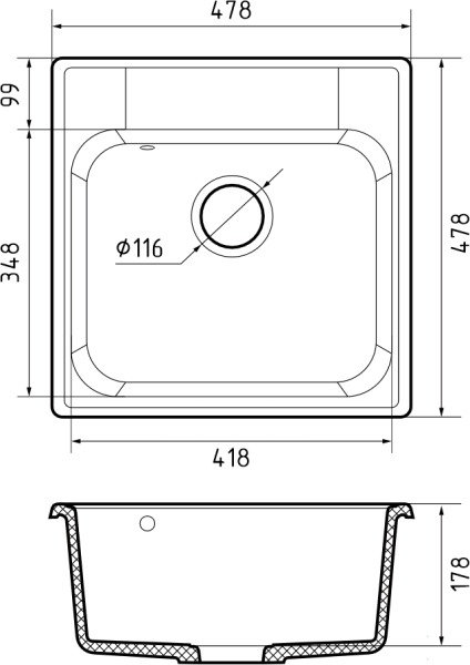 Мойка GranFest QUARZ 48, 478х478 мм, темно-серый (квадратная, без сифона)